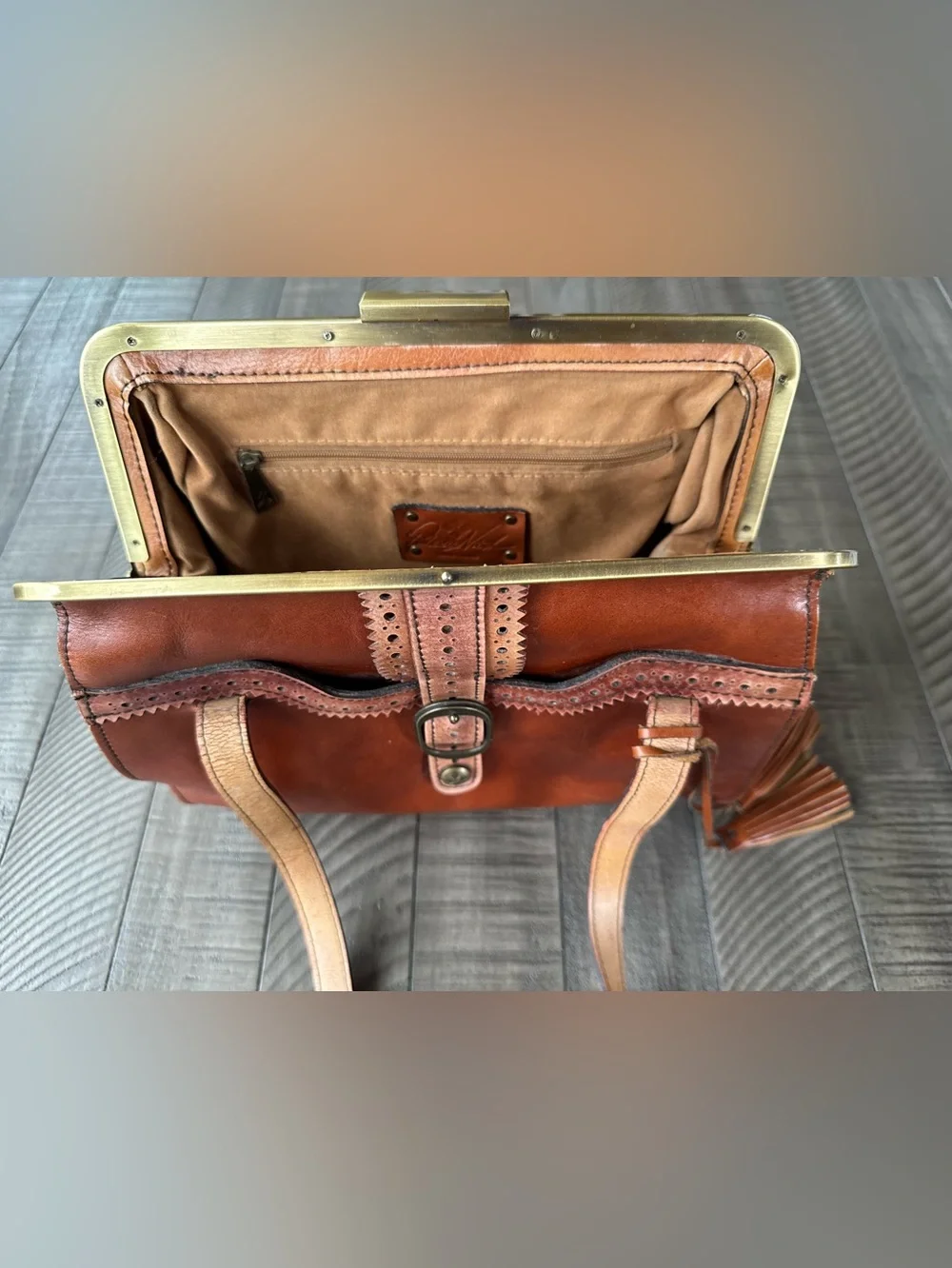Vintage Patricia Nash Cognac Leather Frame Satchel - Shoulder Bag Purse